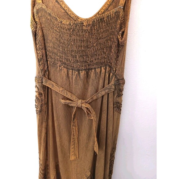 Sakkas Boho Maxi Dress 1X/2X Tan Embroidered Crinkle Cotton Rayon Elastic Bust - Picture 10 of 14
